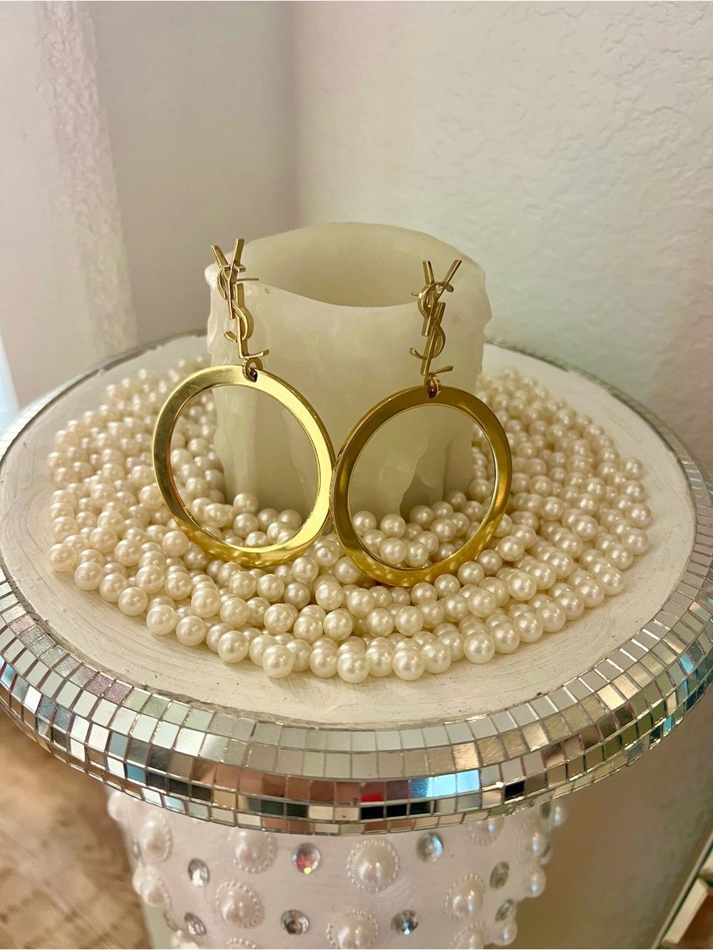 Yves Saint Laurent Gold Circular Logo Drop Earrings